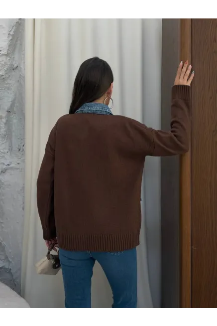 Yaka Denim Detay Triko Hırka Kahve