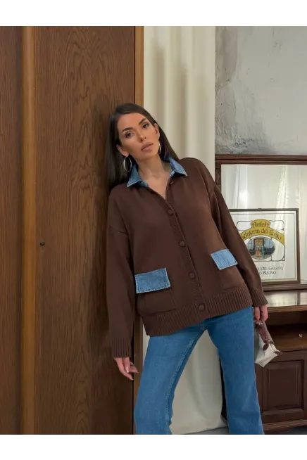 Yaka Denim Detay Triko Hırka Kahve