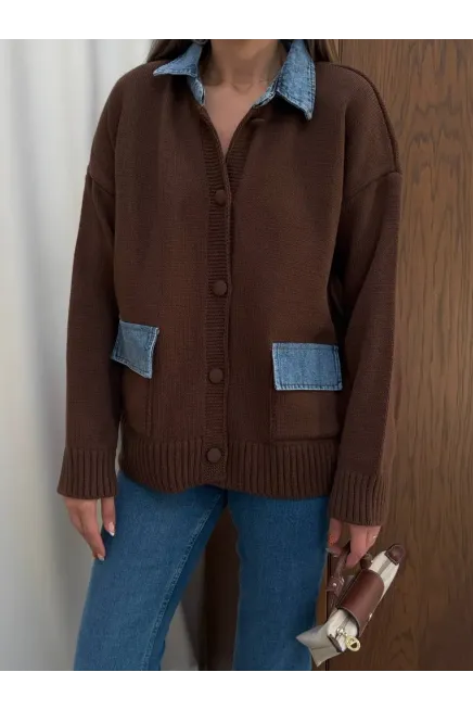 Yaka Denim Detay Triko Hırka Kahve - 2
