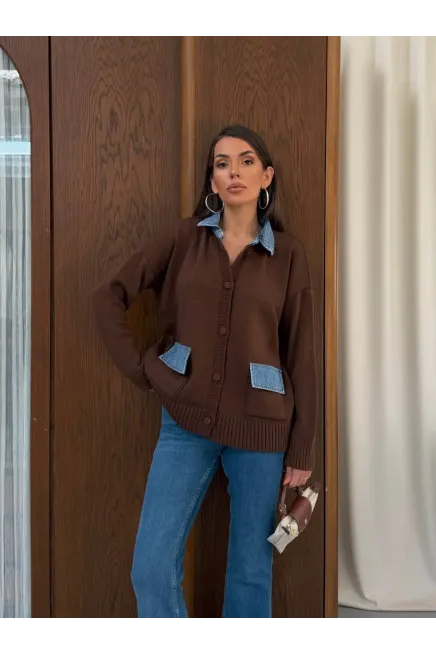 Yaka Denim Detay Triko Hırka Kahve - 4
