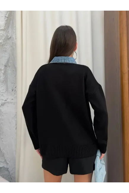Yaka Denim Detay Triko Hırka Siyah - 3