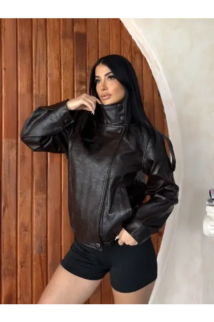 Yaka Detay Deri Ceket Kahve