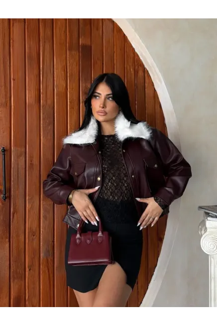 Yaka Kürk Detay Deri Ceket Bordo - 2