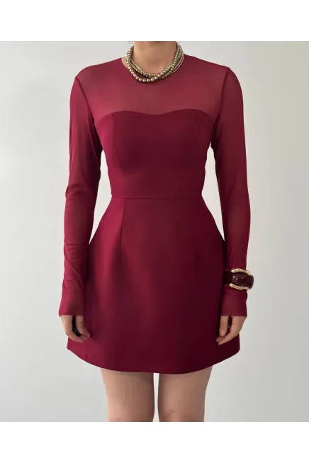 Yaka Tül Detay Mini Elbise Bordo