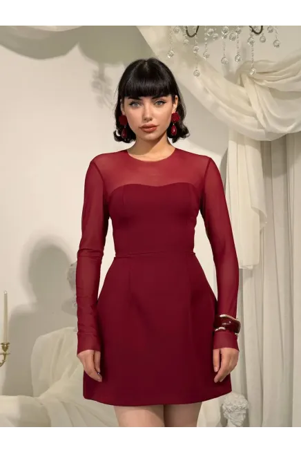 Yaka Tül Detay Mini Elbise Bordo
