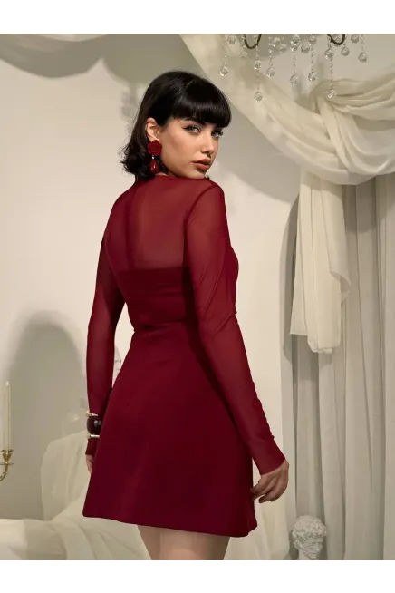 Yaka Tül Detay Mini Elbise Bordo