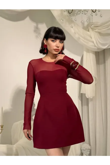 Yaka Tül Detay Mini Elbise Bordo
