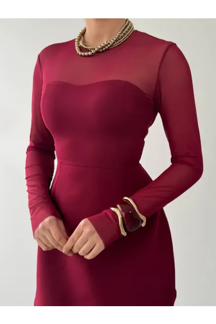 Yaka Tül Detay Mini Elbise Bordo