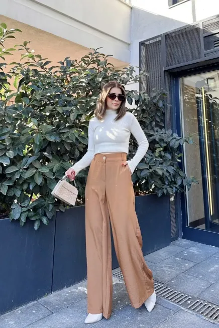 Yüksek Bel Bol Paça Pantalon-3427Camel - 2