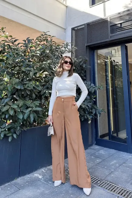 Yüksek Bel Bol Paça Pantalon-3427Camel - 3