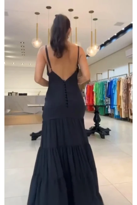 Sırtı Düğmeli Keten Kumaş Maxi Elbise