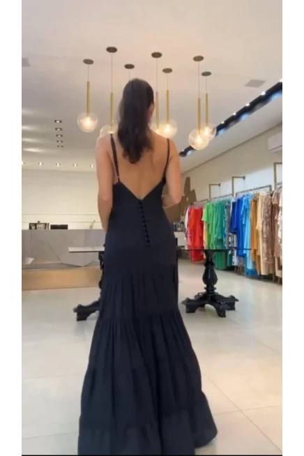 Sırtı Düğmeli Keten Kumaş Maxi Elbise