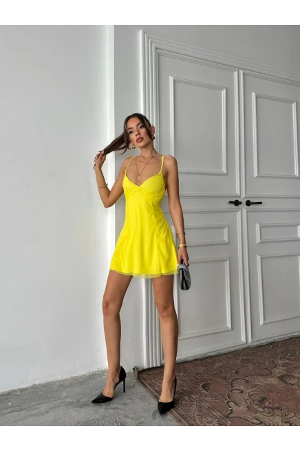 Astarlı Tül Mini Elbise Sarı