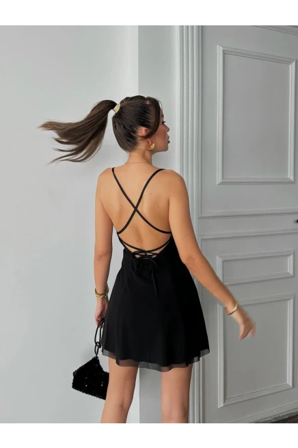 Astarlı Tül Mini Elbise Siyah