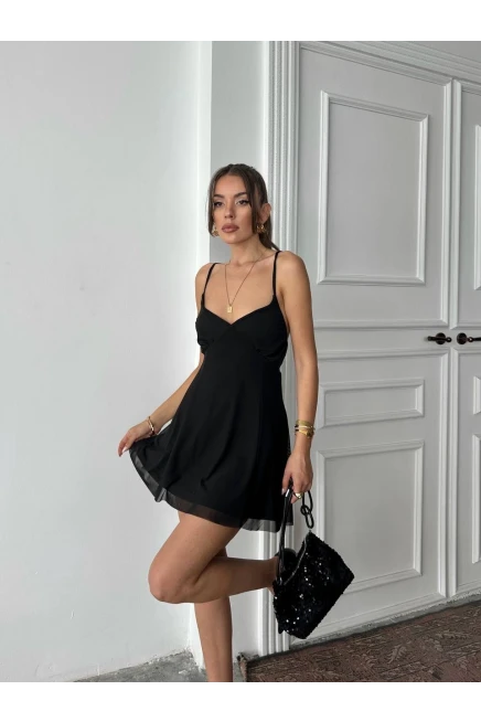 Astarlı Tül Mini Elbise Siyah
