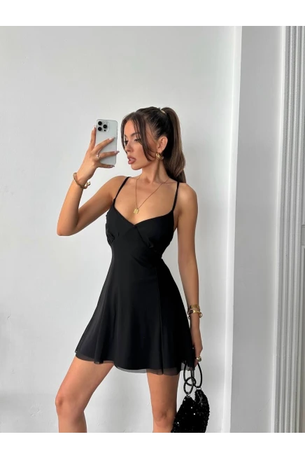 Astarlı Tül Mini Elbise Siyah