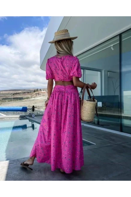 Bel Detay Desenli Elbise Pembe