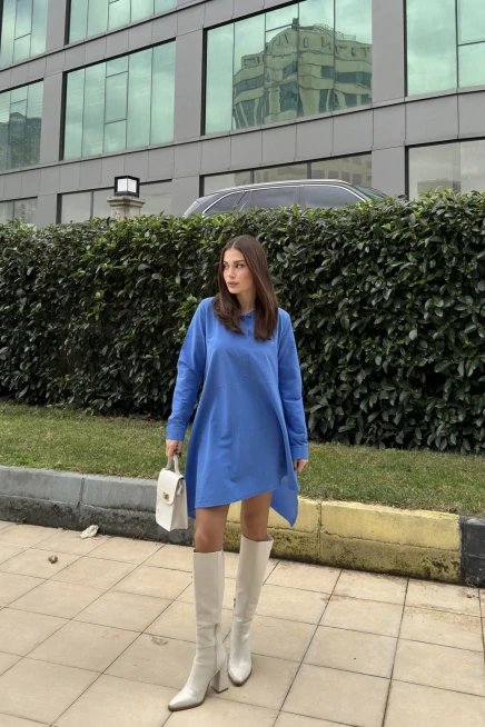 Gömlek Yakalı Asimetrik Tunik Mavi