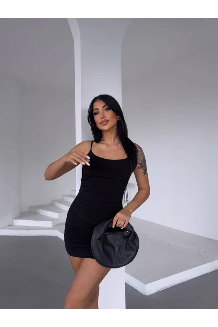 İnce Askılı Sandy Büzgülü Elbise Siyah