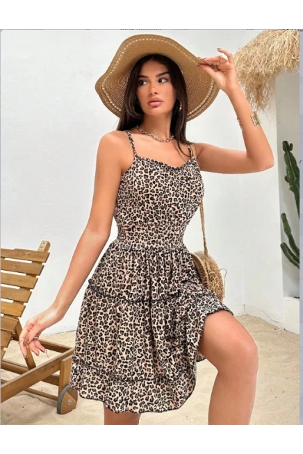 Beli Pileli Leopar Desen Eteği Fırfırlı Süprem Elbise
