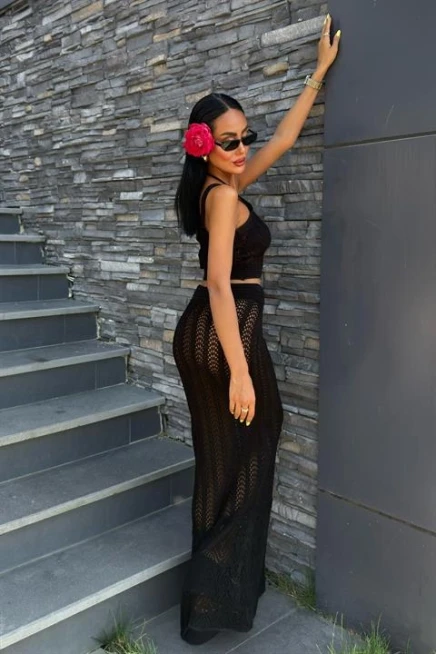 Kayla Dantel Desenli Crop Takım Siyah