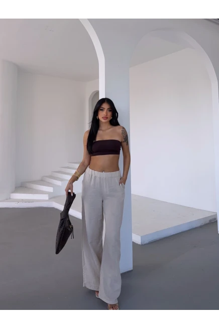Müslin Kumaş Bol Paça Pantalon Ekru