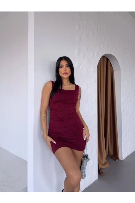 Sandy Büzgülü Elbise Bordo