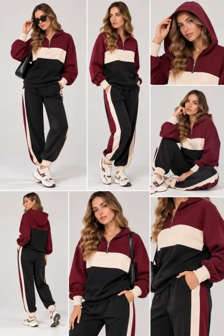 Modal Kumaş Bordo Bloklu Eşofman Takım