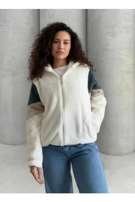Renk Bloklu Bomber Polar Peluş Sweatshirt-P00013271-ekr
