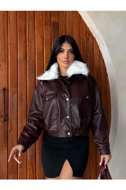 Yaka Kürk Detay Deri Ceket Bordo