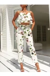 Dalgıç Kumaş Çiçekli Bluz & Pantolon Takım