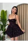 Çiçek Desenli Mini Elbise Siyah