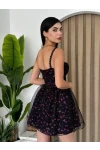 Çiçek Desenli Mini Elbise Siyah