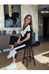 Kısa Kollu Bloklu Viskon İki İplik Bluz Ve Pantolon Takım